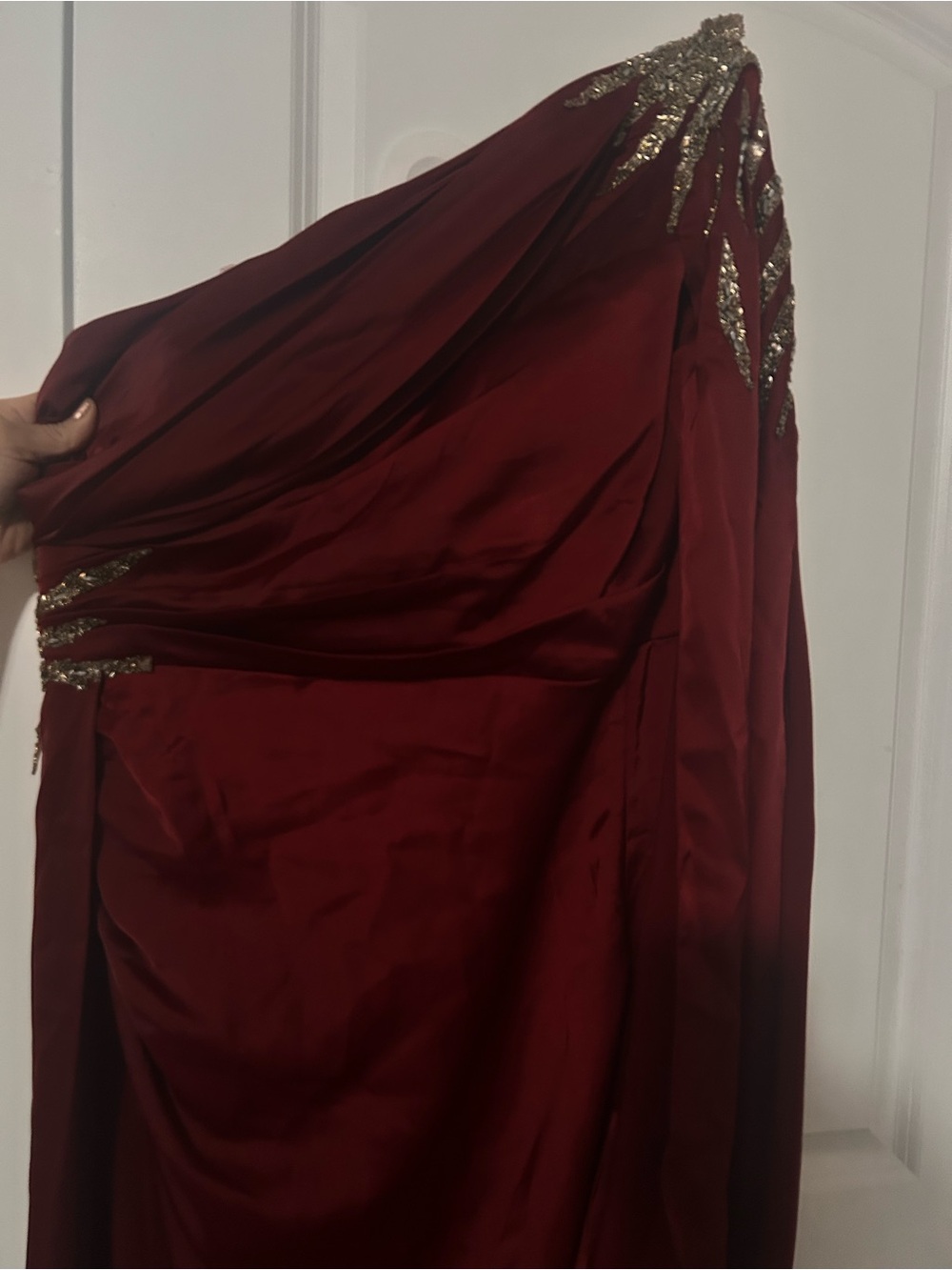 One-Shoulder Red Evening Gown with Gold Embellishments